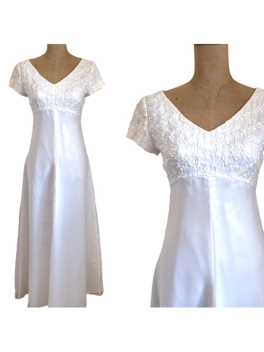 Vintage 90s does 70s Boho White Floral Classic Empire Waist Wedding Dress Gown